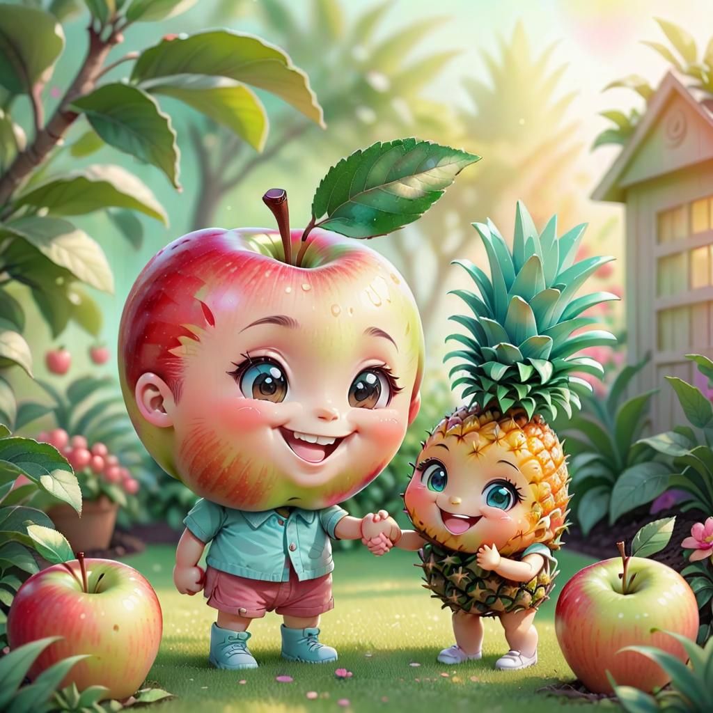 Chibi Apple and Pineapple Shake Hands in Garden