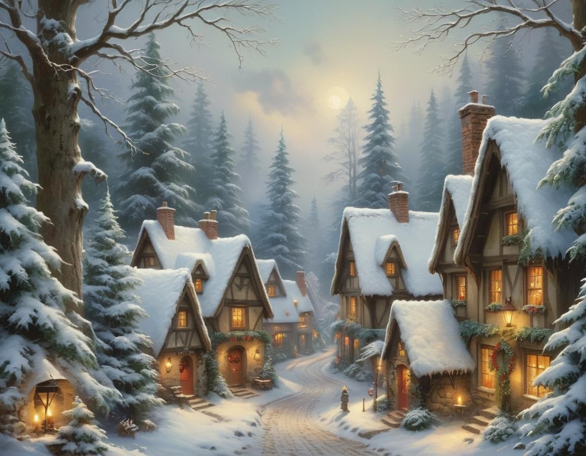 Whimsical Winter Village Scene in Vintage Advent Calendar St...