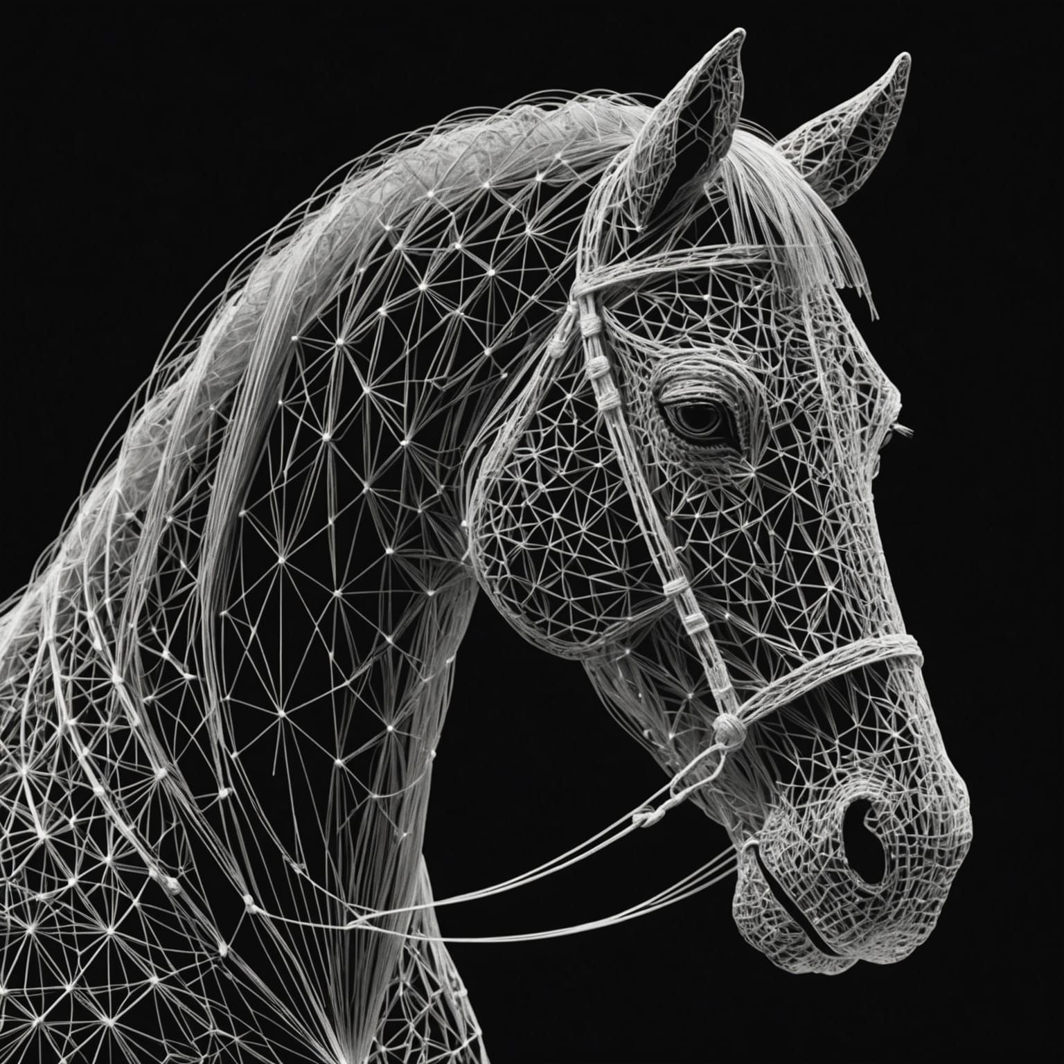 Intricate String Art Horse on Black Background