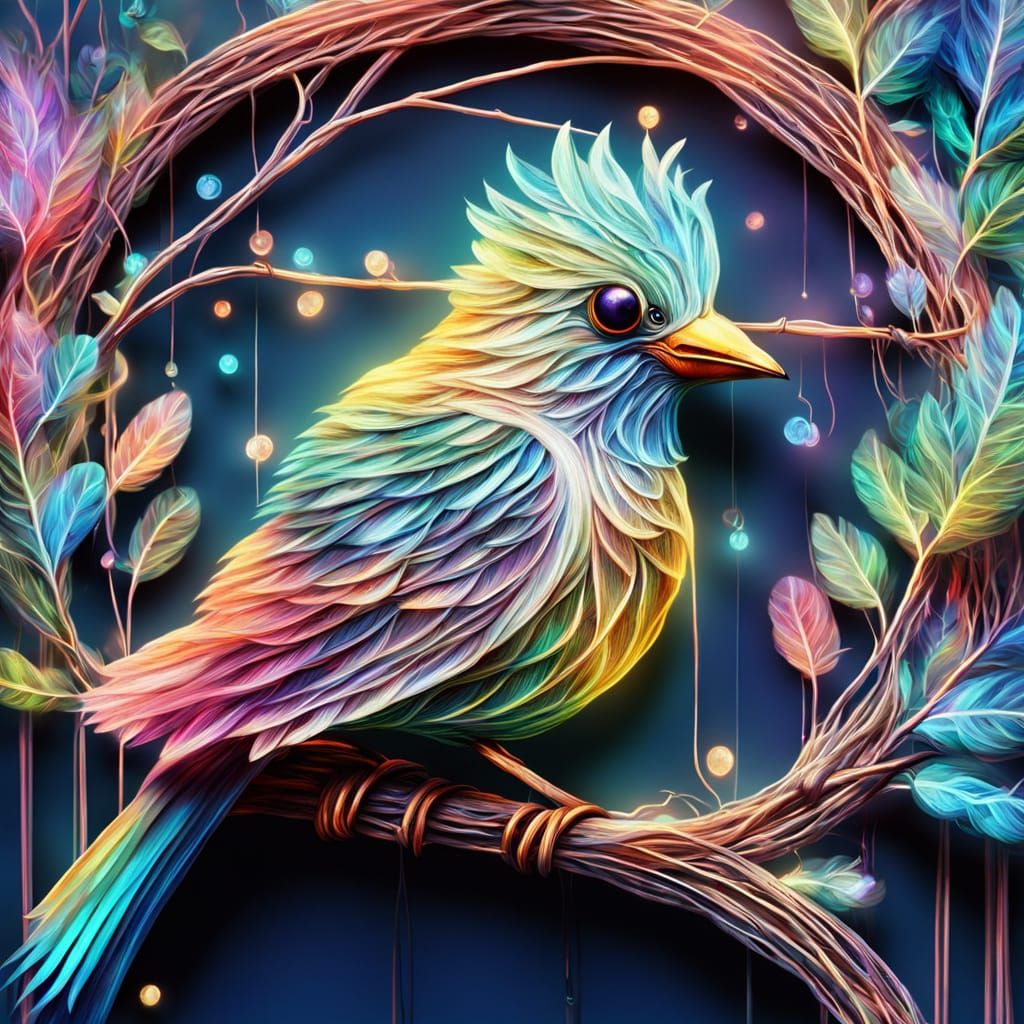 Magical String Bird Fantasy Art in Pastel Colors