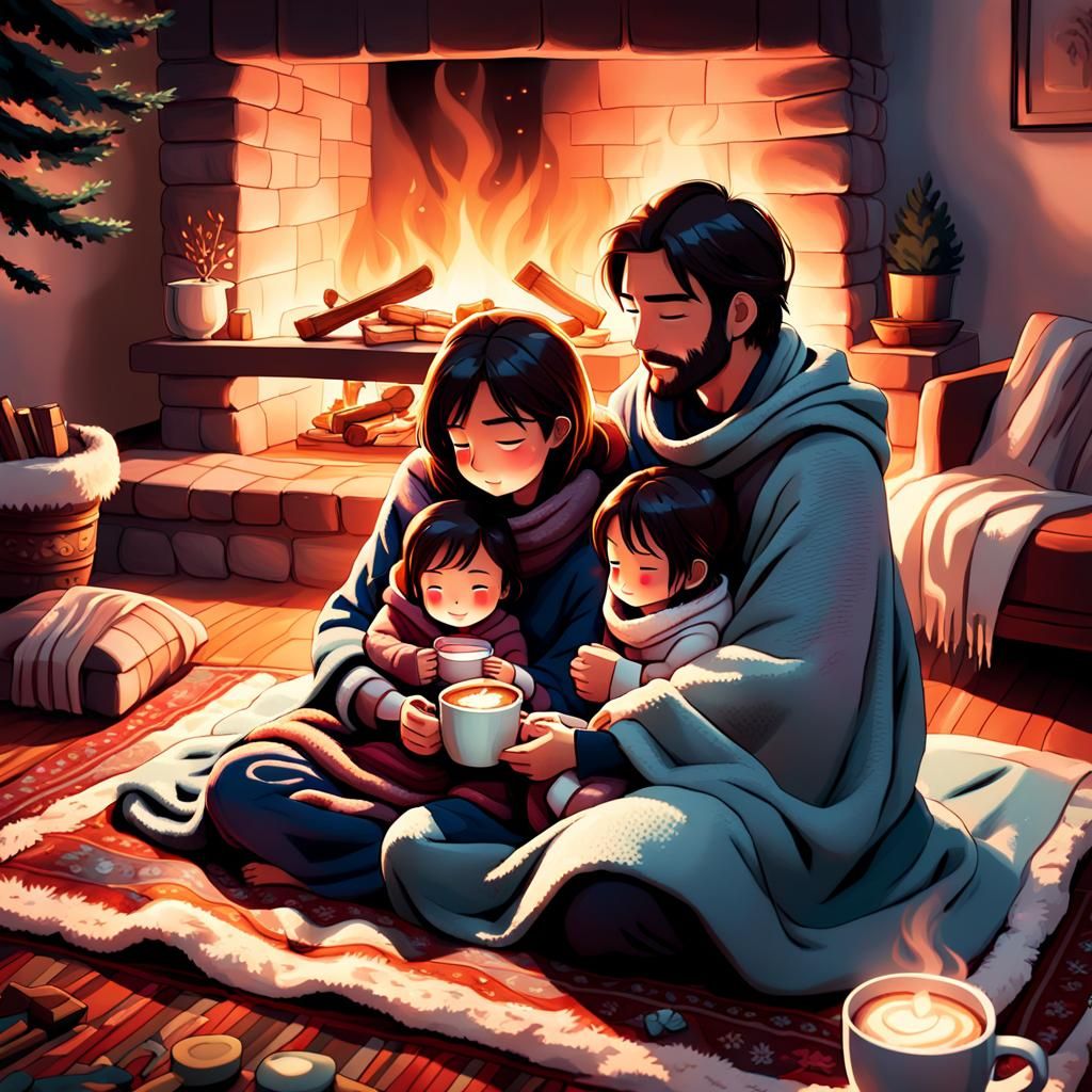 Cozy Anime Family Moment by Fireplace