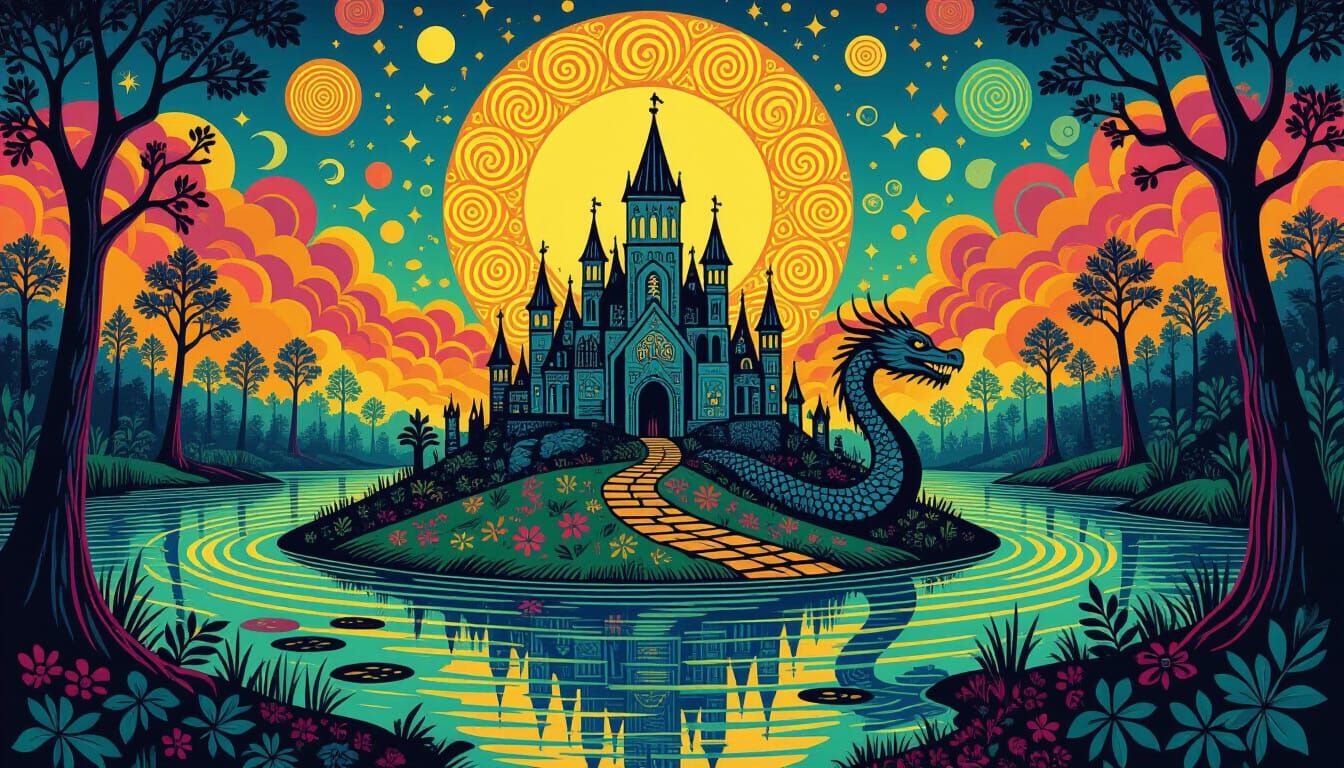 Psychedelic Celtic Dragon Swamp Settlement Art Nouveau Poste...