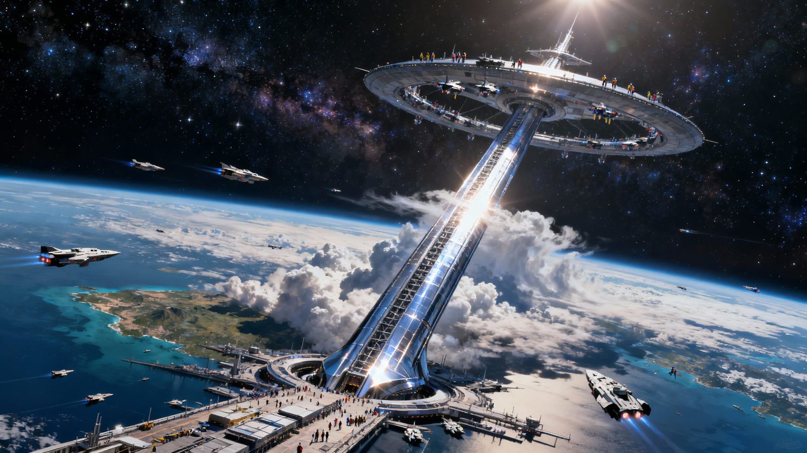 Futuristic Space Elevator Ascending to Orbit