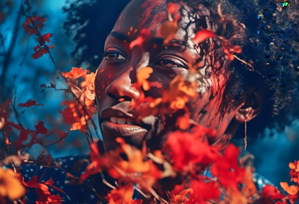 Black Woman Portrait in Forest, Realistic Style