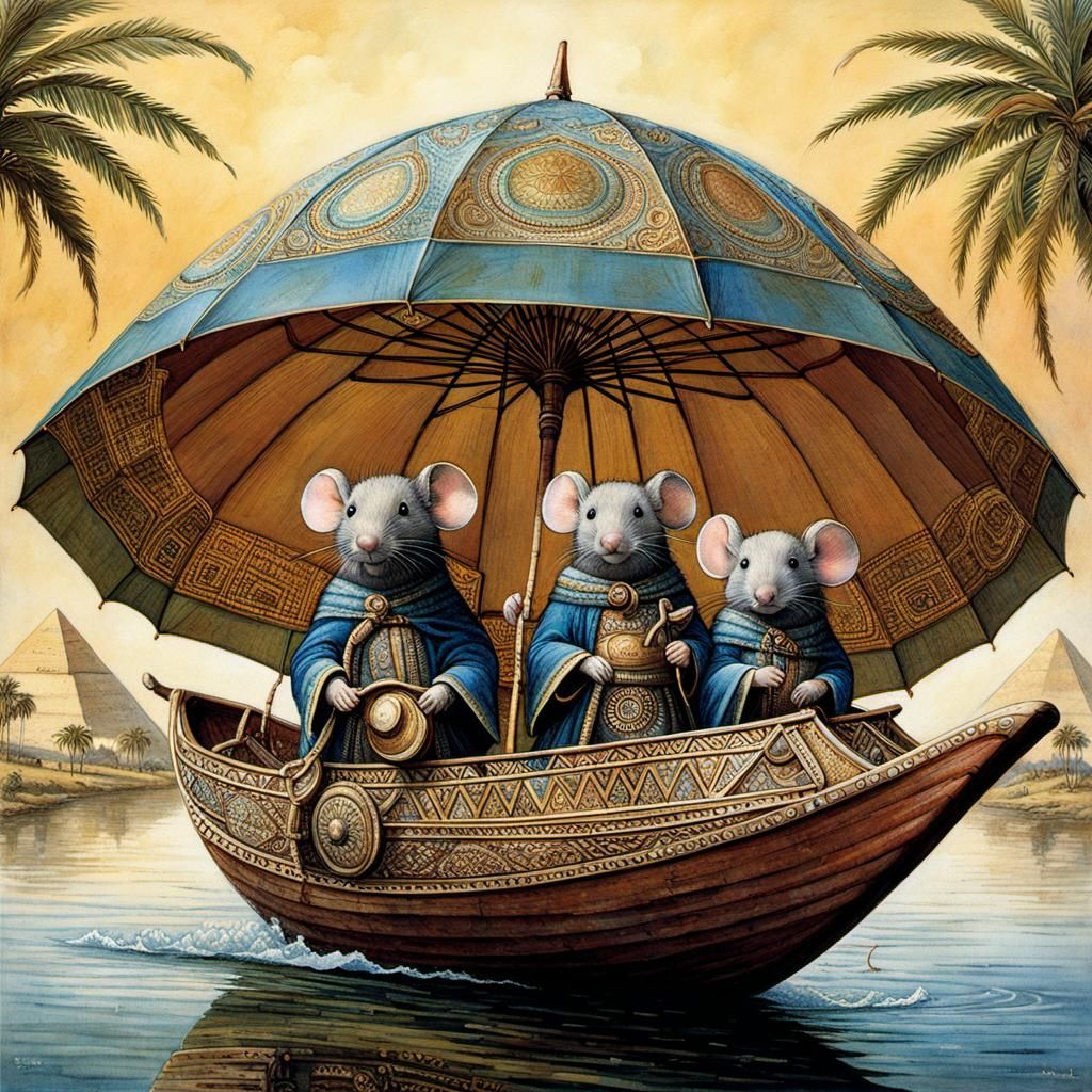 Whimsical Mouse Family Sails Nile Under Upside-Down Umbrella...