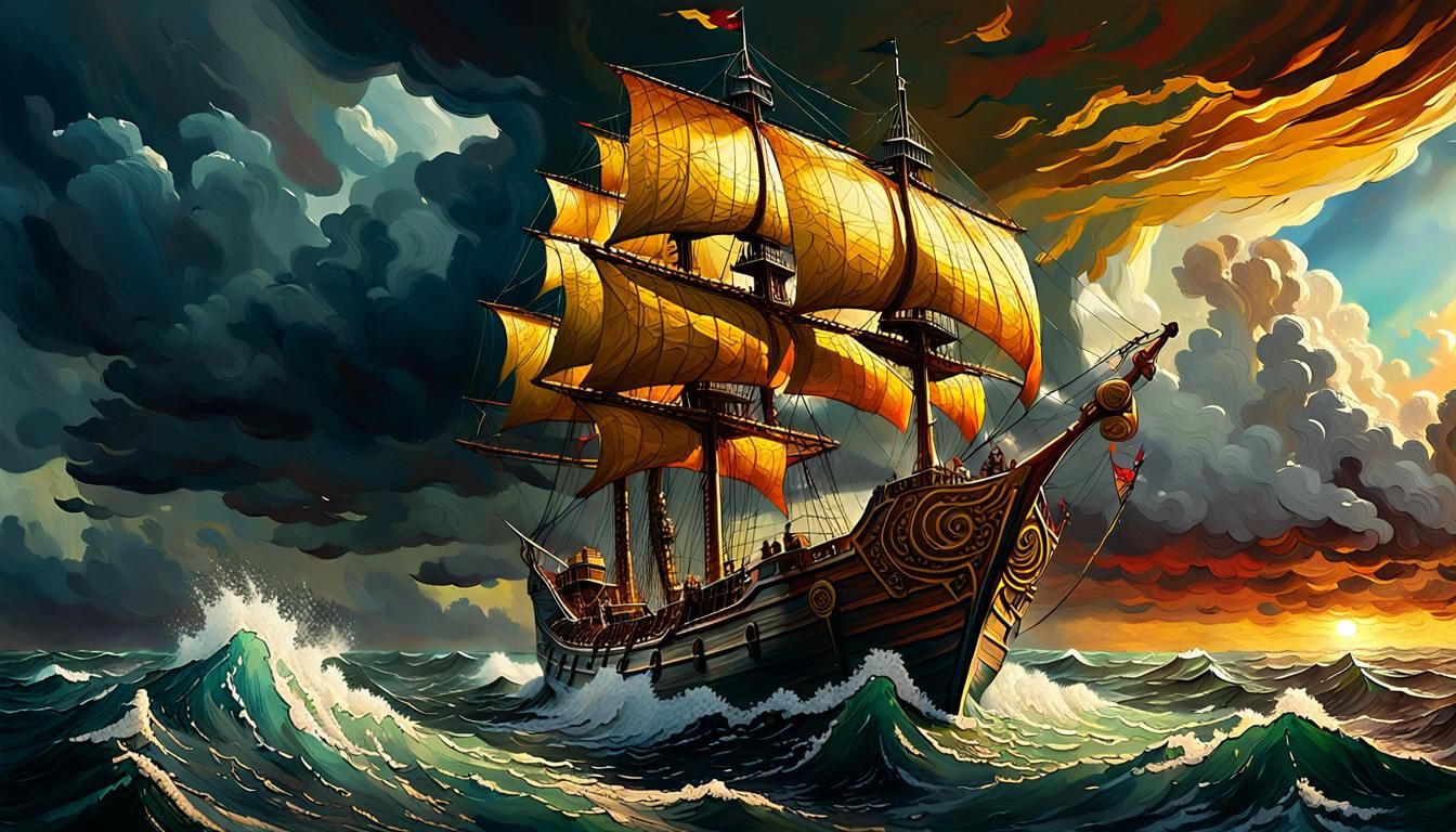 Epic African Warrior Confronts Galleon Ship: Oil Painting