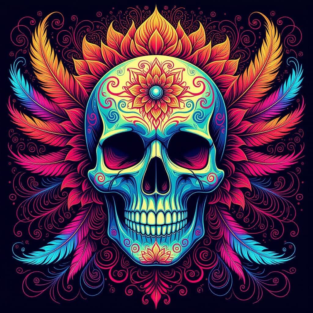 Psychedelic Skull with Floral Motifs and Feathers