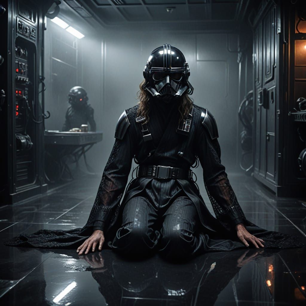 Elegant Femme Fatale Confronts Space Soldier in Dark, Surrea...