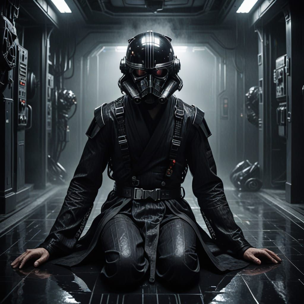 Elegant Femme Fatale Dominates Hero in Dark, Surreal Scene