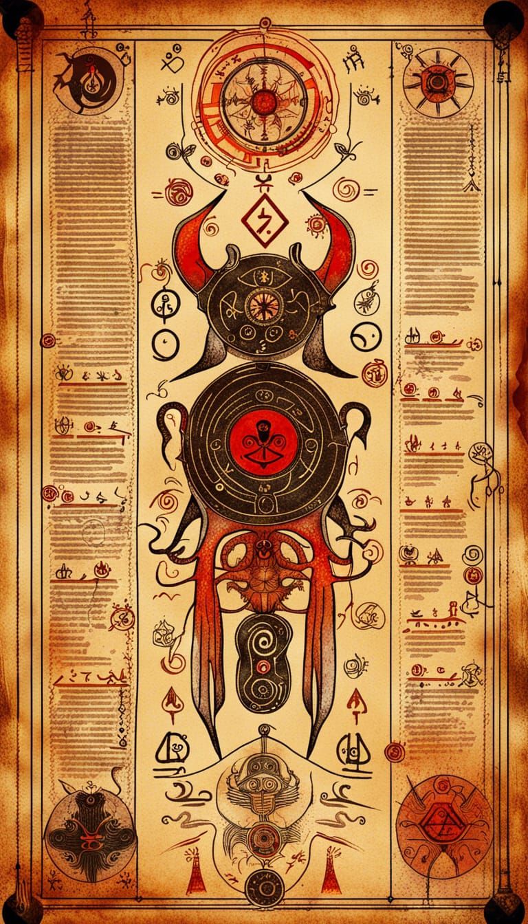 Ancient Scroll with Demonic Creature Drawing