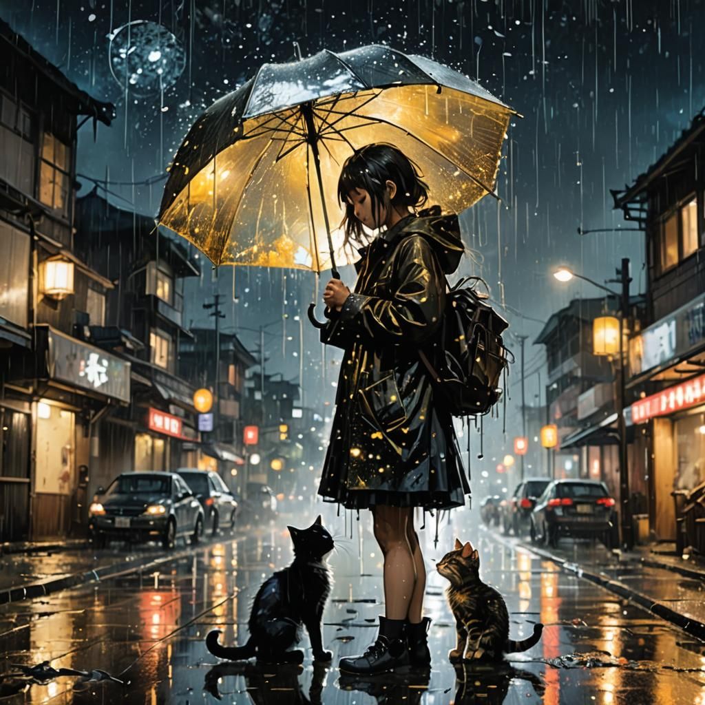Sparkling Schoolgirl and Kitten in Rainy Night