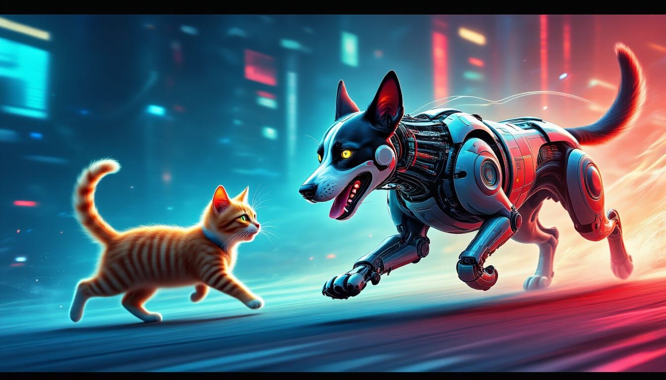 Cybernetic Dog Chases Cat in Surreal, Vibrant Scene