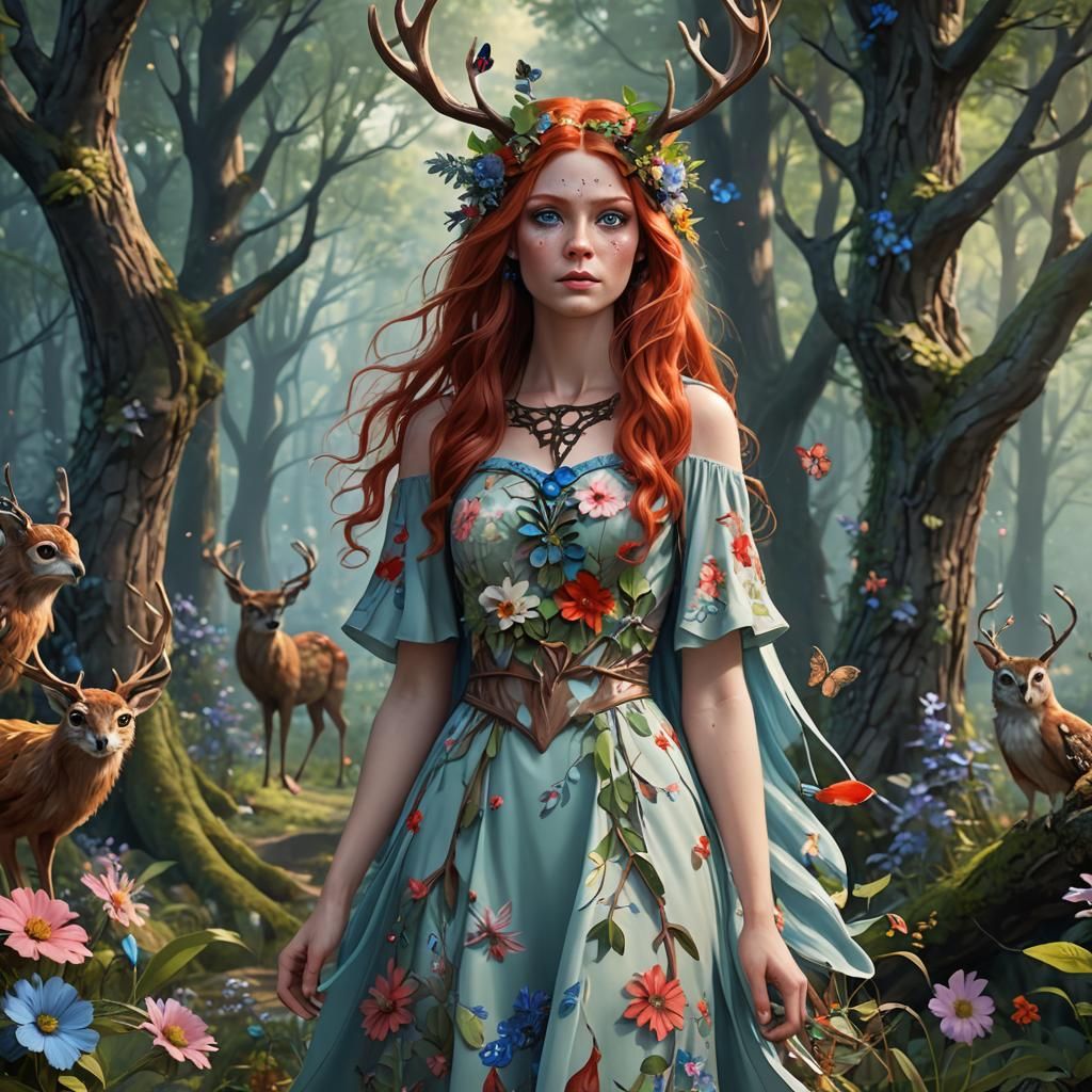 Forest Nymph with Antlers in Fantasy Art Style