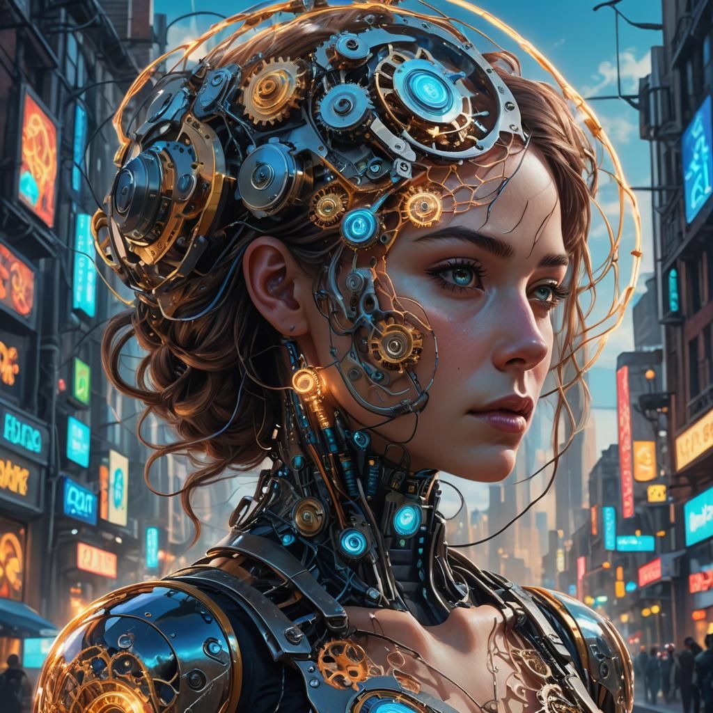 Clockwork Brain Woman in Surreal Cityscape: Hyperrealistic C...