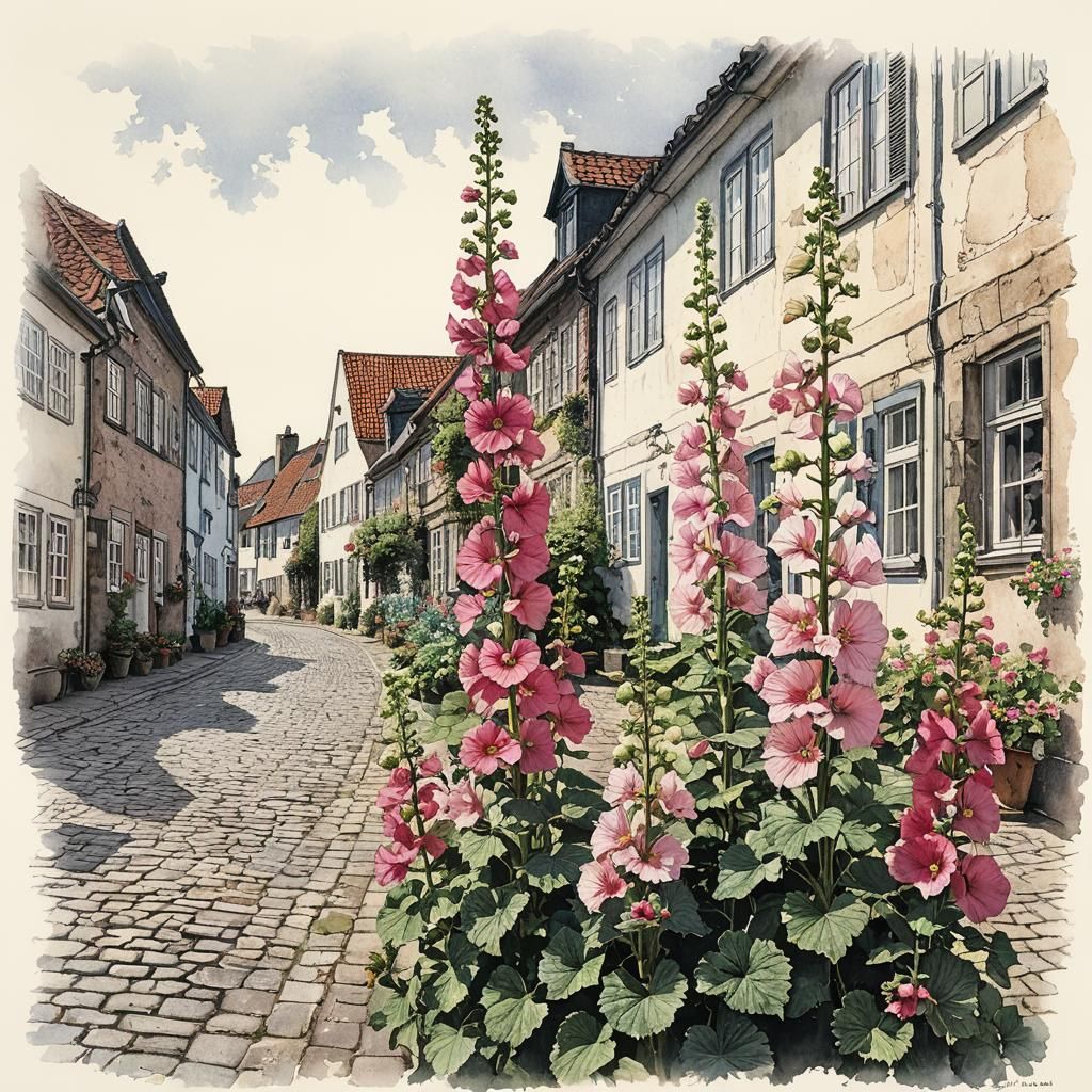 Vibrant Hollyhocks Adorn Rønne's Historic Street Scene