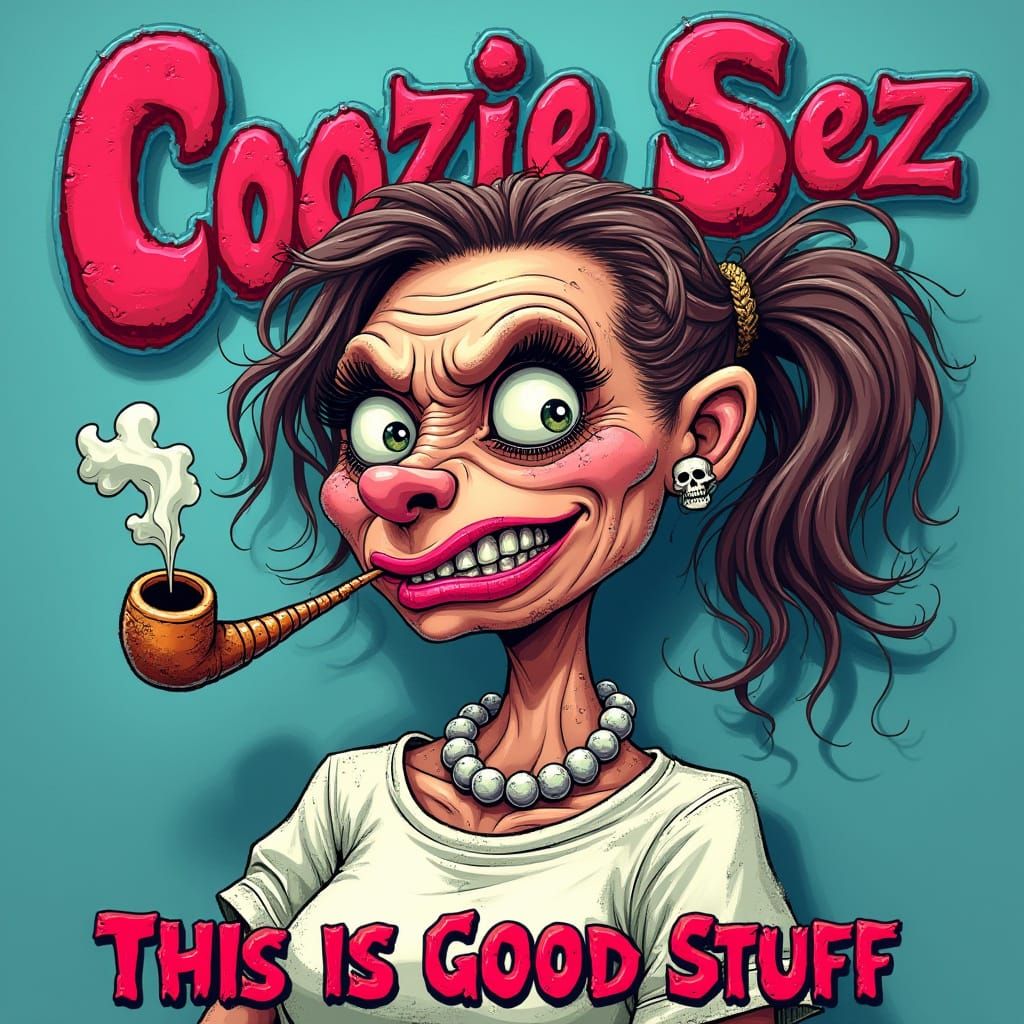 Comical Ugly Woman Smoking Pipe in Cartoon Style