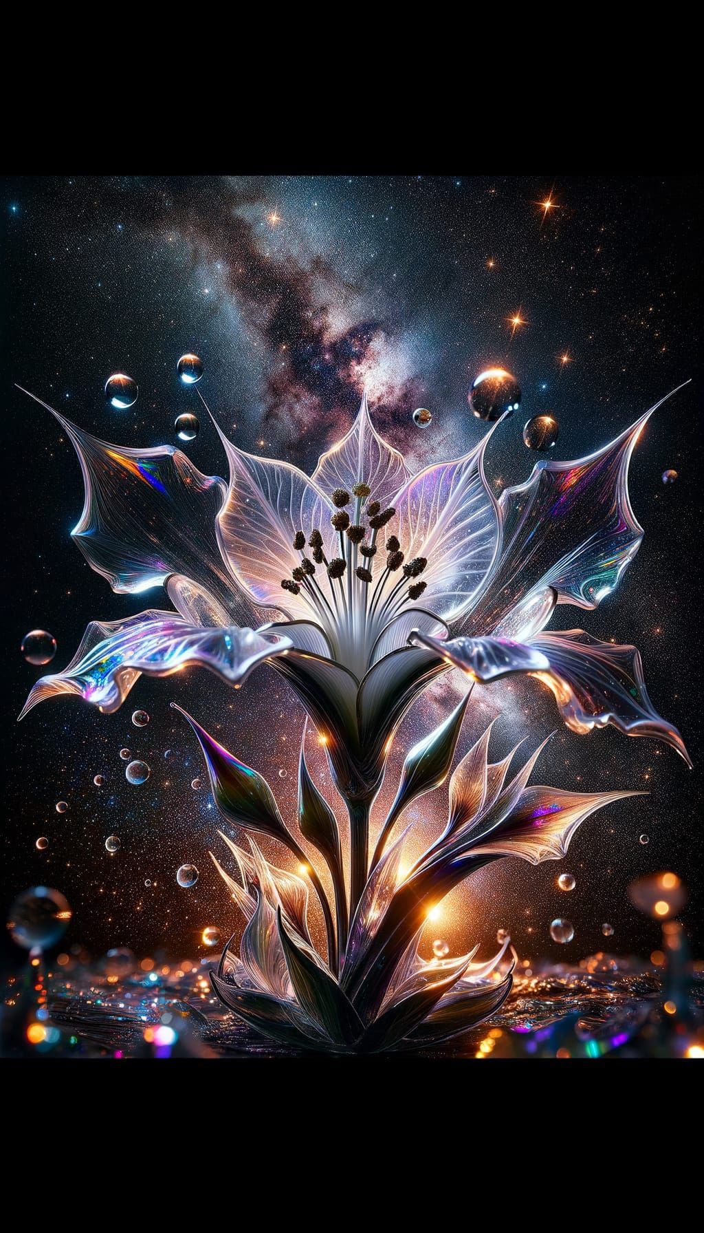 Iridescent Crystal Batflower in Cosmic Scene
