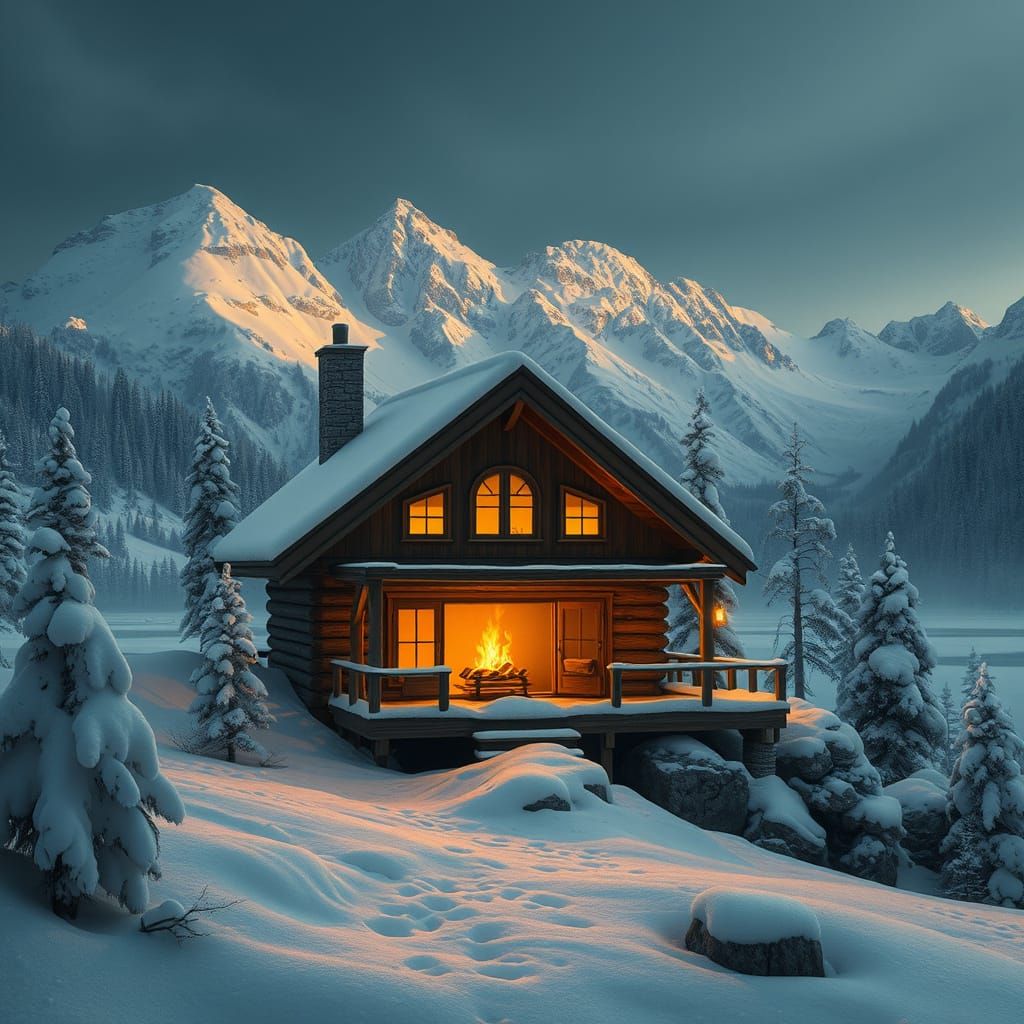 Winter Cabins in Snow-Covered Mountains: Romantic Landscape