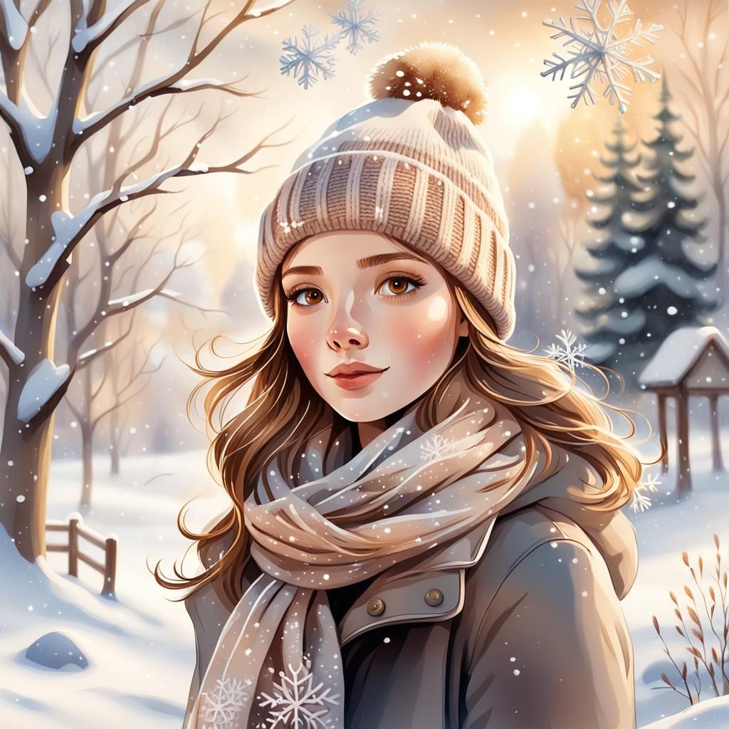 Girl in Winter Wonderland: Watercolor Illustration