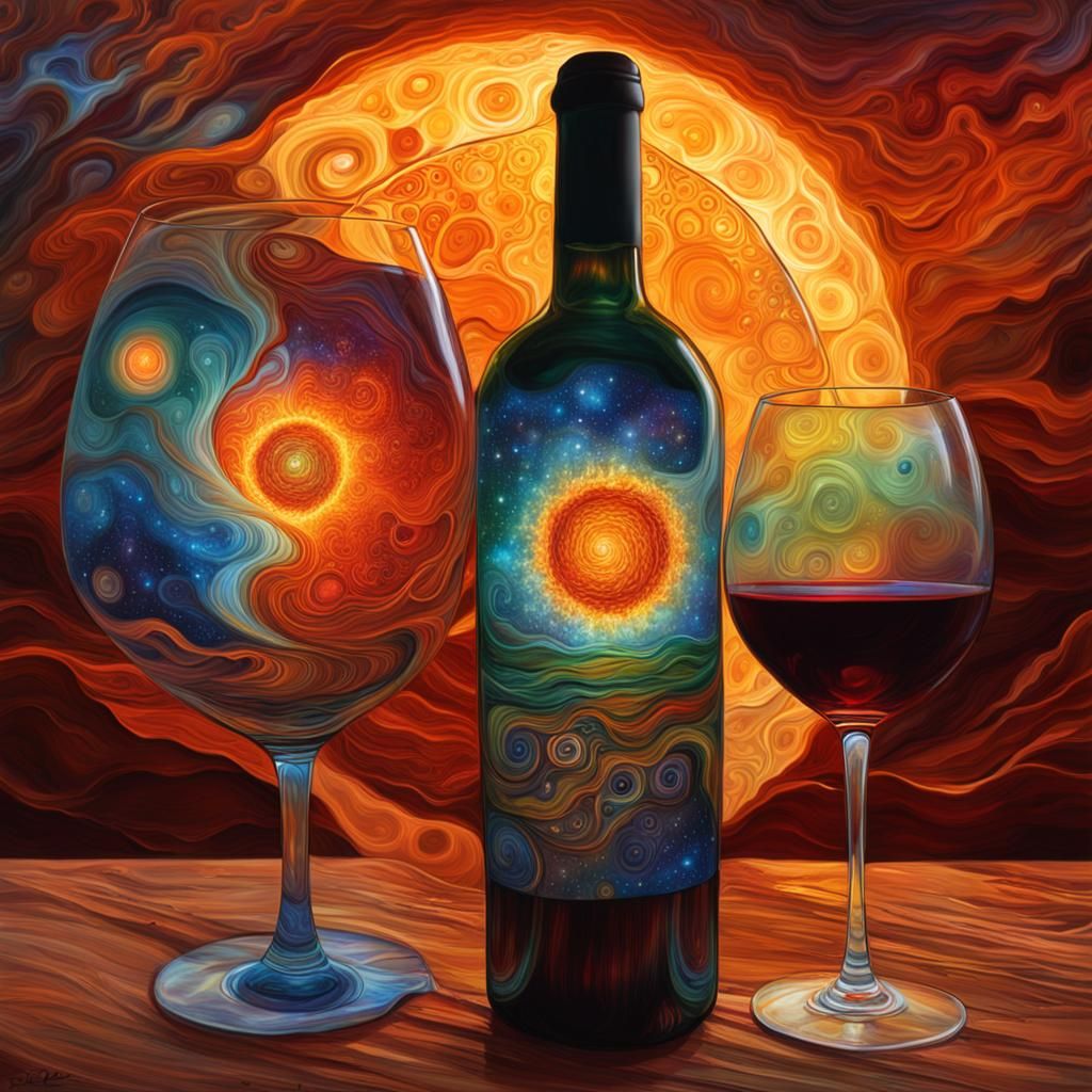 Dreamworld Wine: A Cosmic Mixed Media Illustration