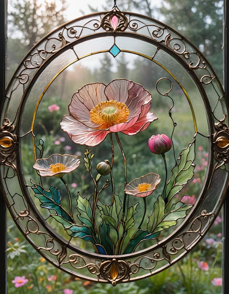 Pink Poppy in Stained Glass Frame
