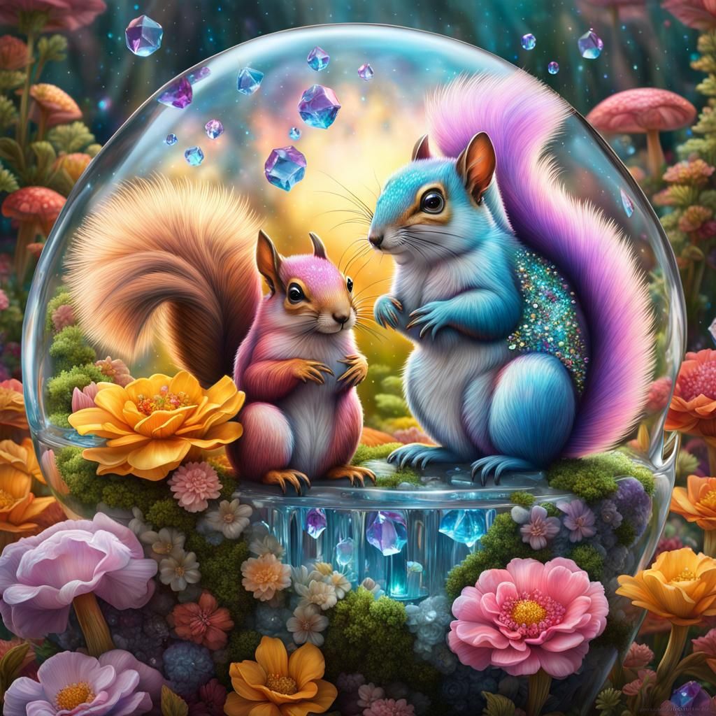 Crystal Squirrels in Fantasy Garden, Digital Art