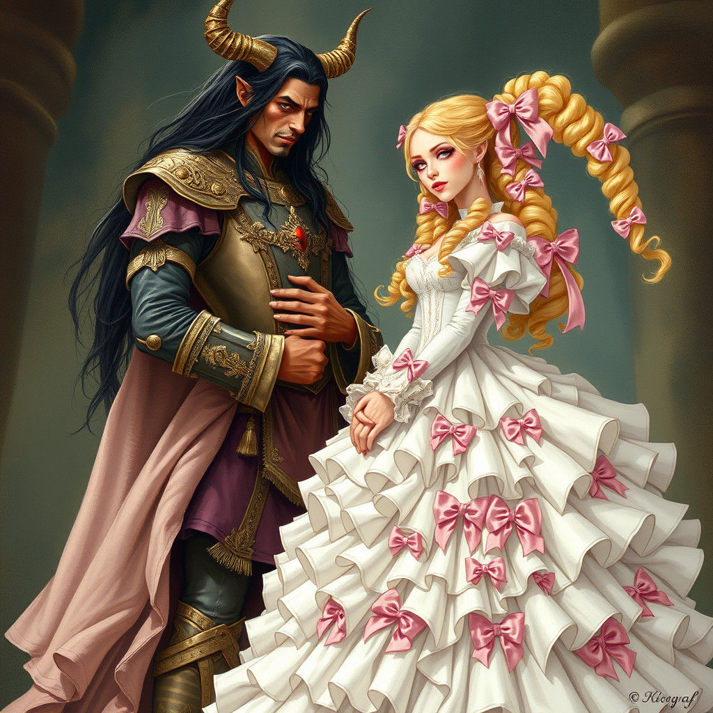 Demon King Tending to Princess Bride in Fairy Tale Style