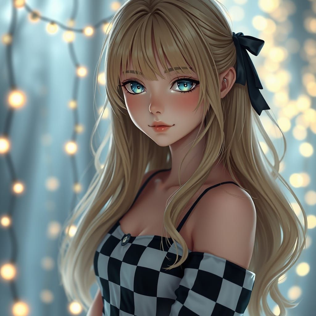 Anime Style Portrait of a Woman in Checkered Dress