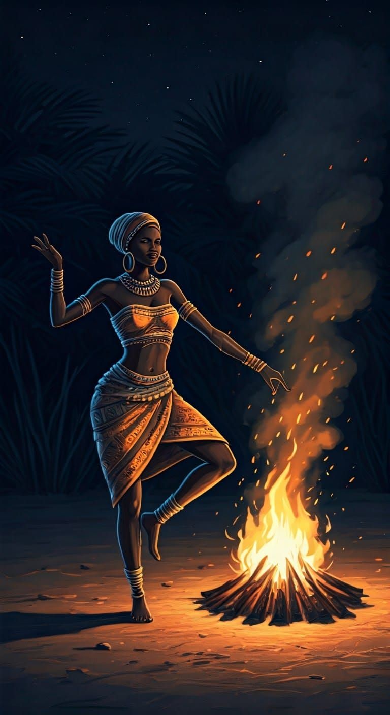 Pencil Sketch of African Dancer by Campfire