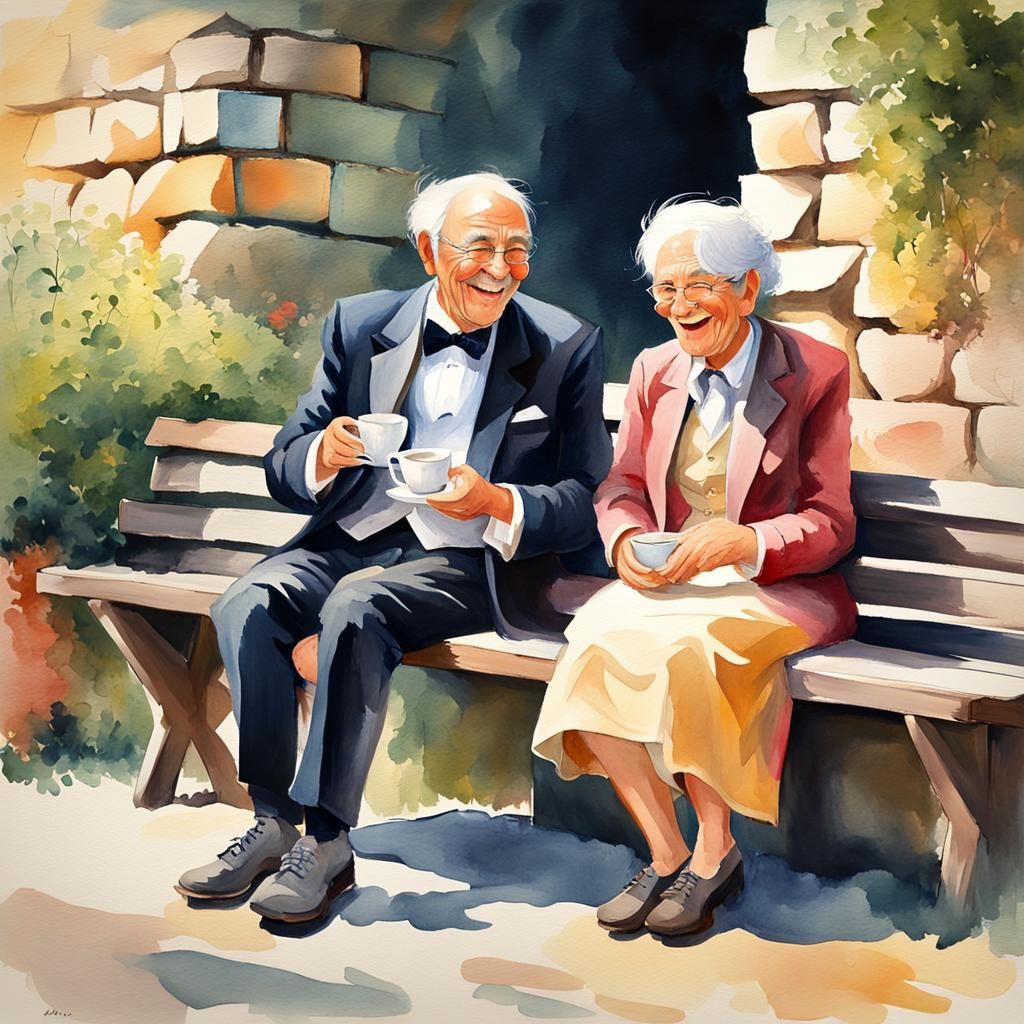 Elderly Couple Enjoying Tea in Watercolor Style
