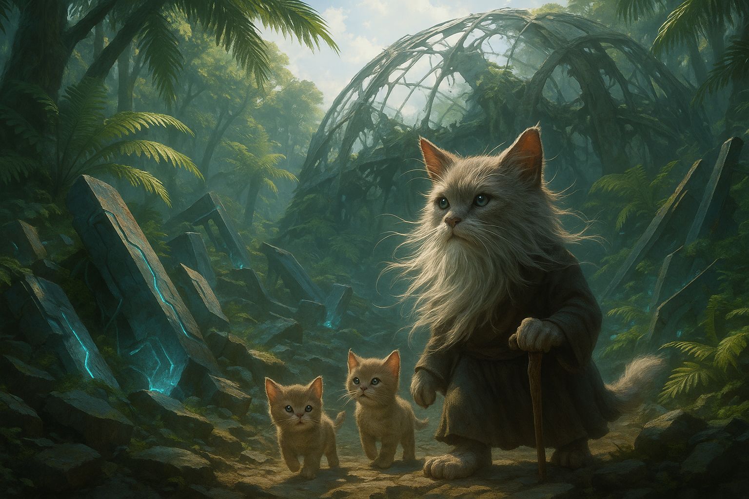 Cretaceous Jungle Sci-Fi Landscape with Cat
