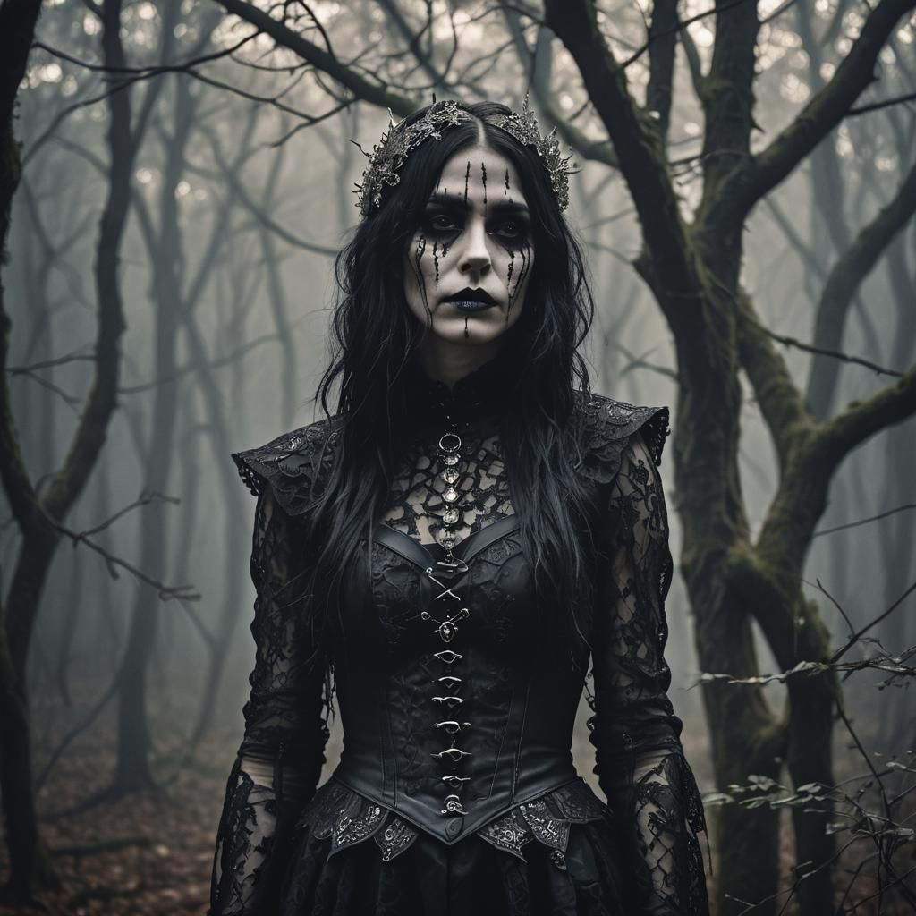 Death Goth in Misty Forest: Monochrome Fine Art