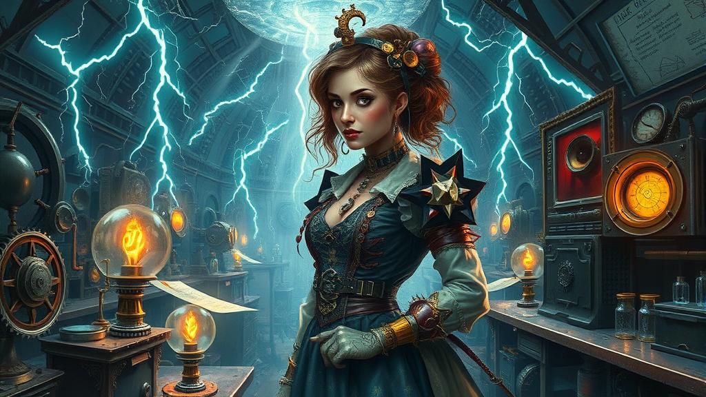 Steampunk Inventor in Gothic Laboratory During Electrical St...