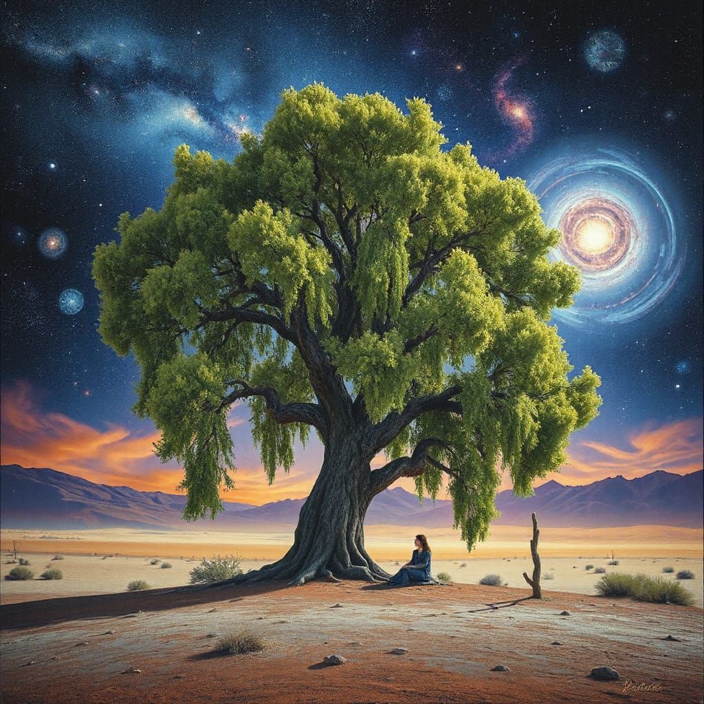 Mystical Willow Tree in a Surreal Desert Galaxy