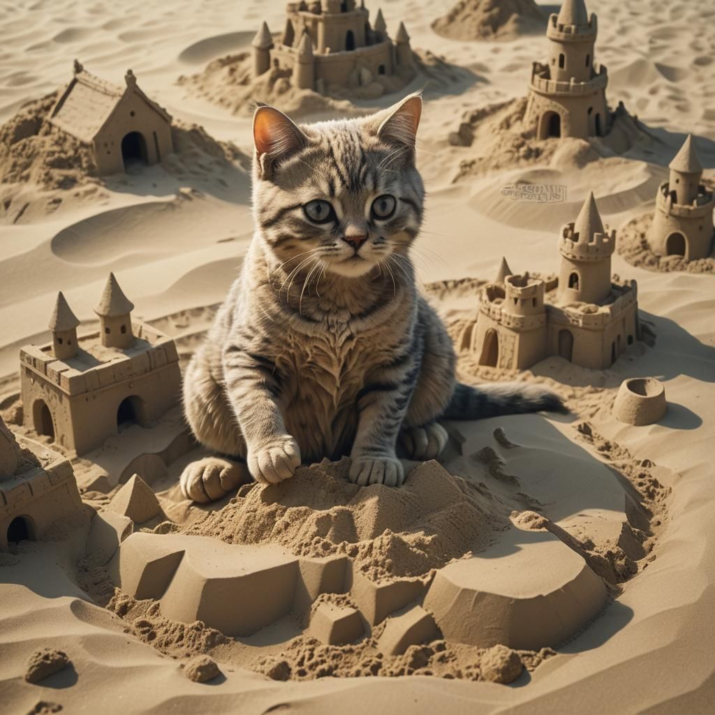 Kitty's Beach Dream: Sandcastle Masterpiece