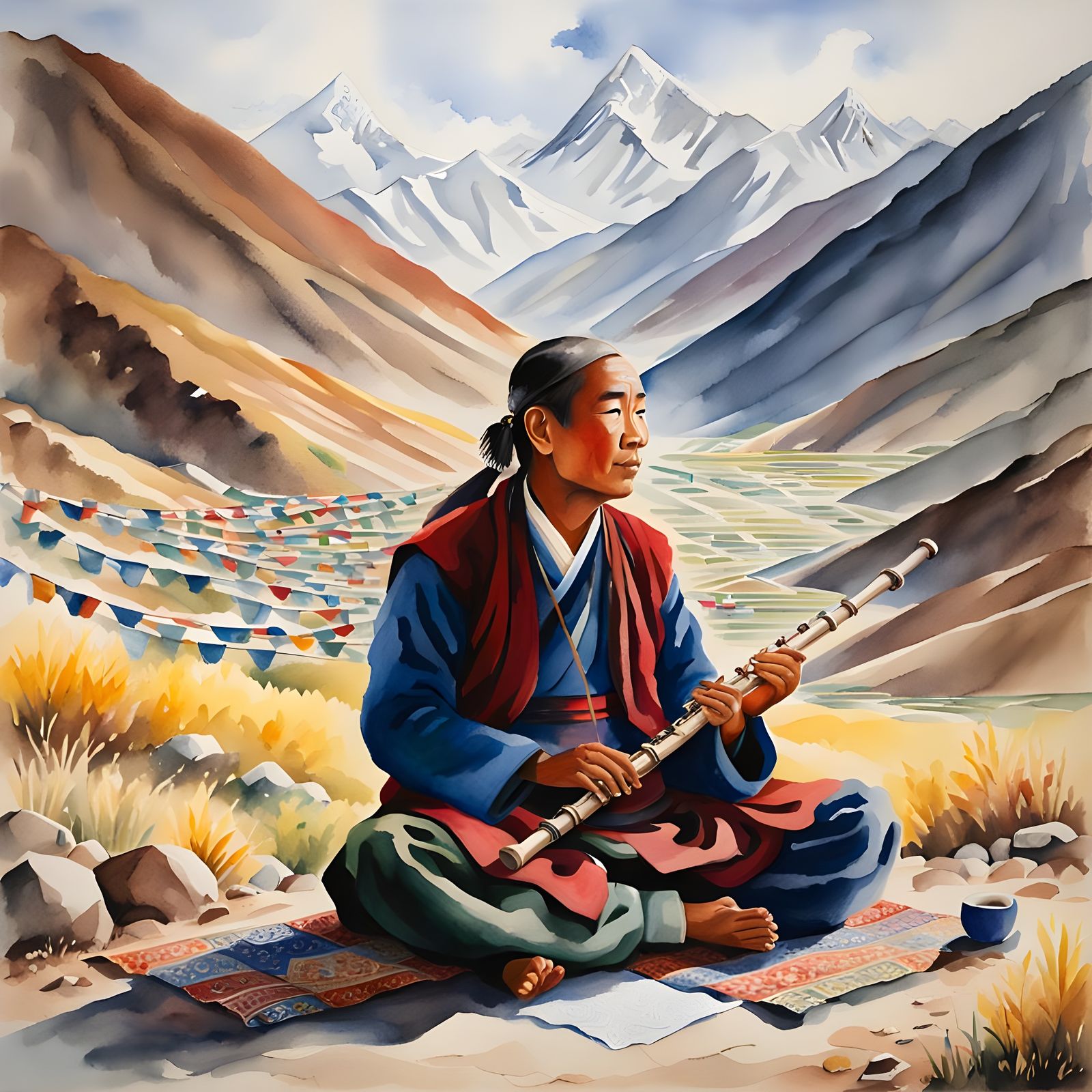 Tibetan Flute Player in Watercolor Landscape