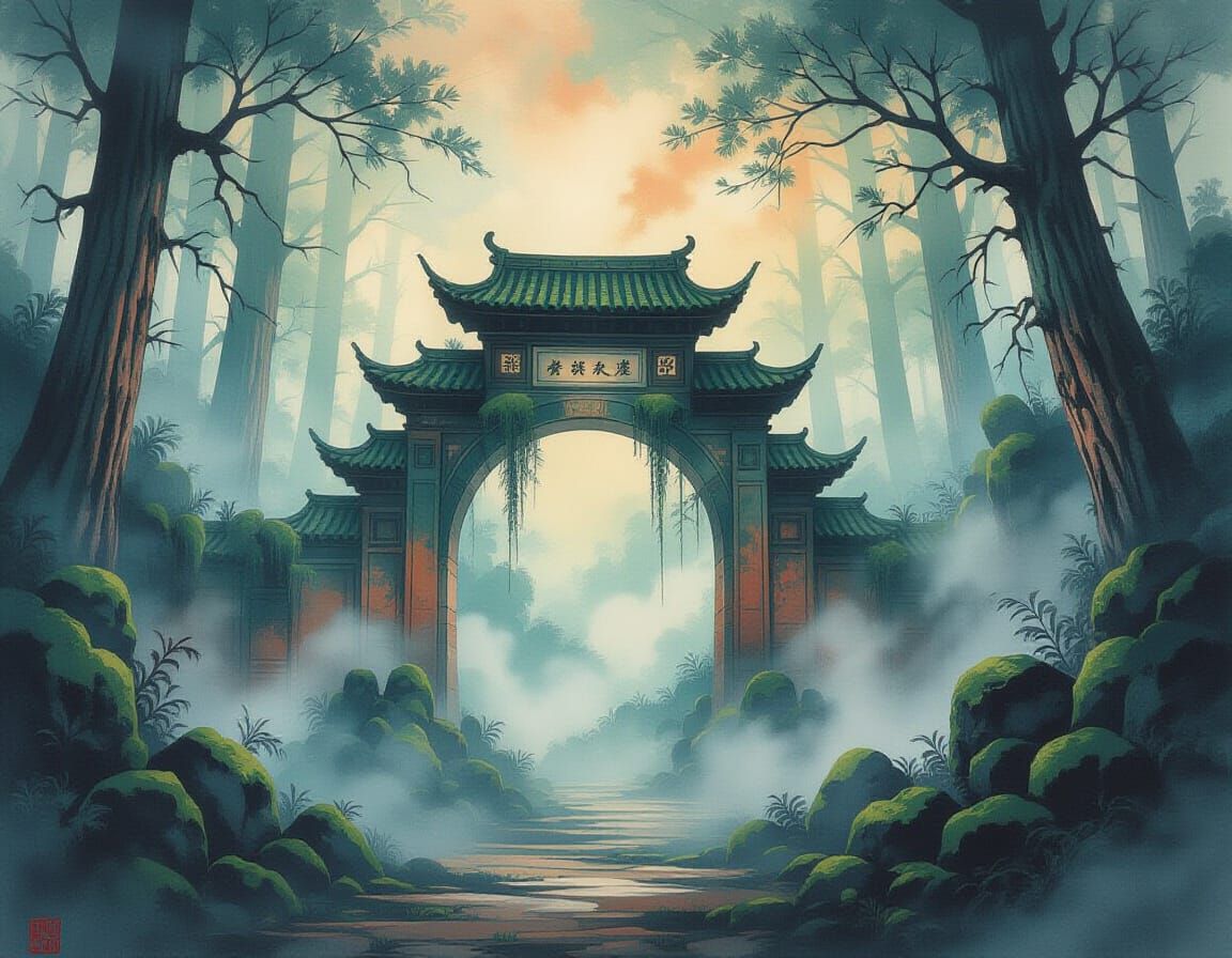 Surreal Foggy Forest Landscape in Chinese Ink Style