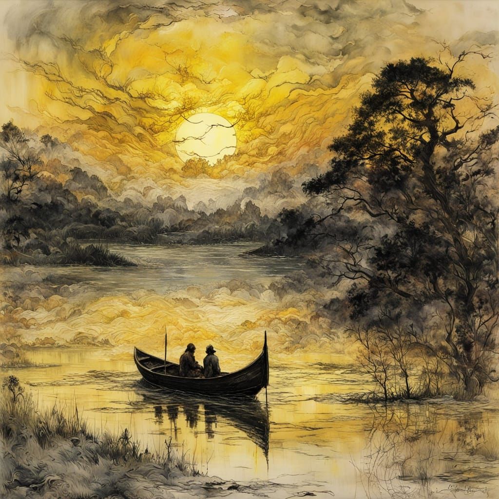 Encaustic Sunset Over Lake: Detailed Art