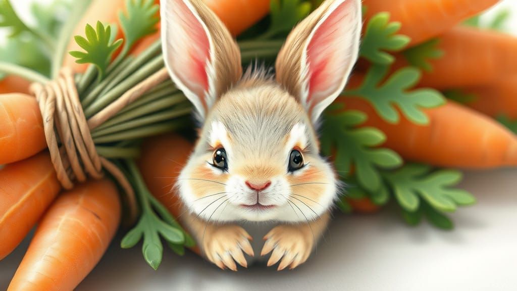 Whimsical Bunny Peeks from a Carrot Bundle in Watercolor-Ins...