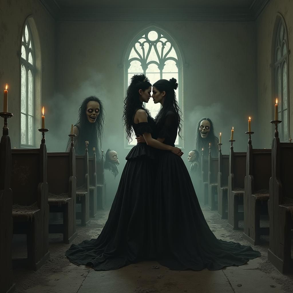 Gothic Lesbian Couple Embracing, Surrounded by Ghouls