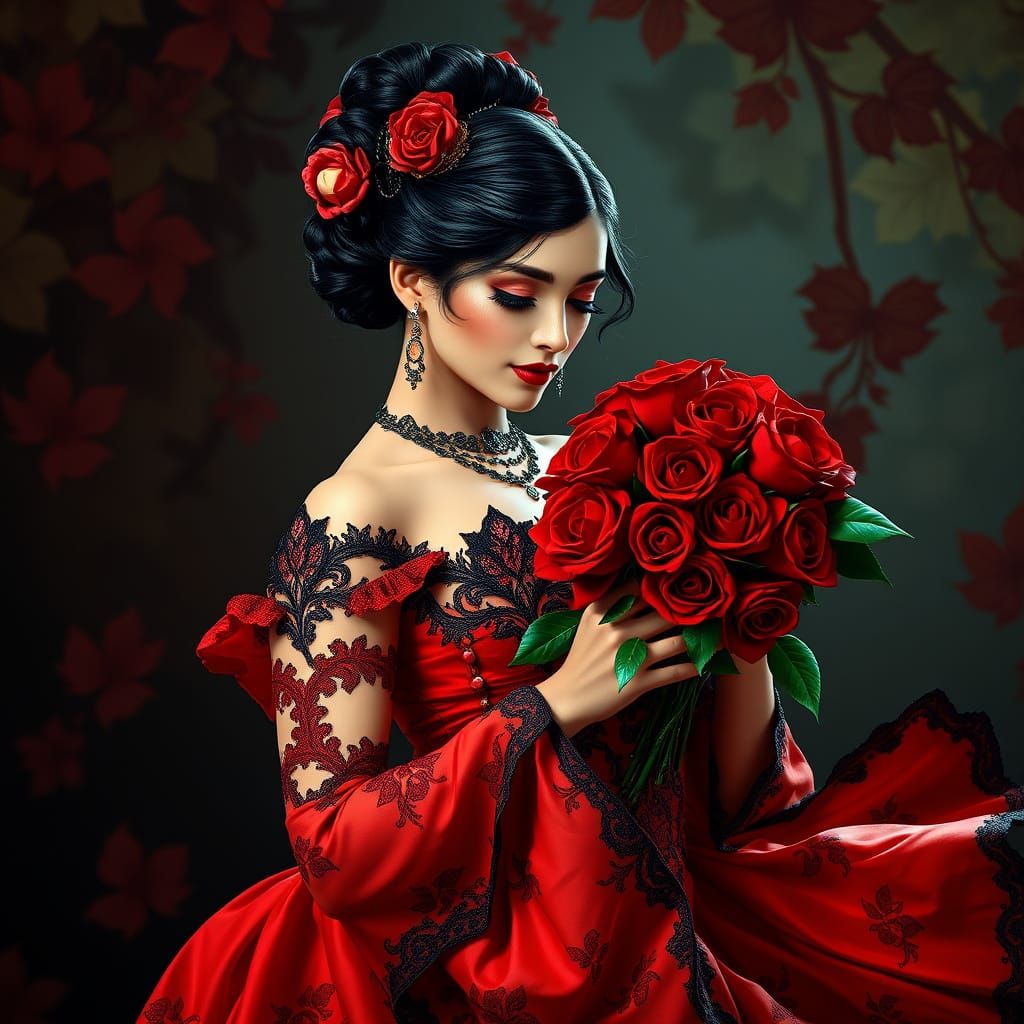 Spanish Flamenco Dancer in Red Gown with Roses