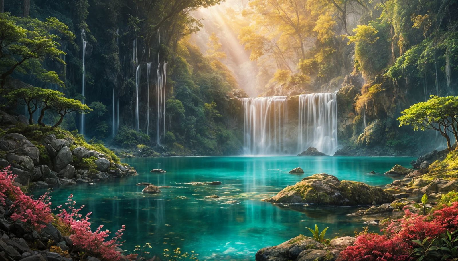 Cascading Waterfall Village in Detailed Digital Painting
