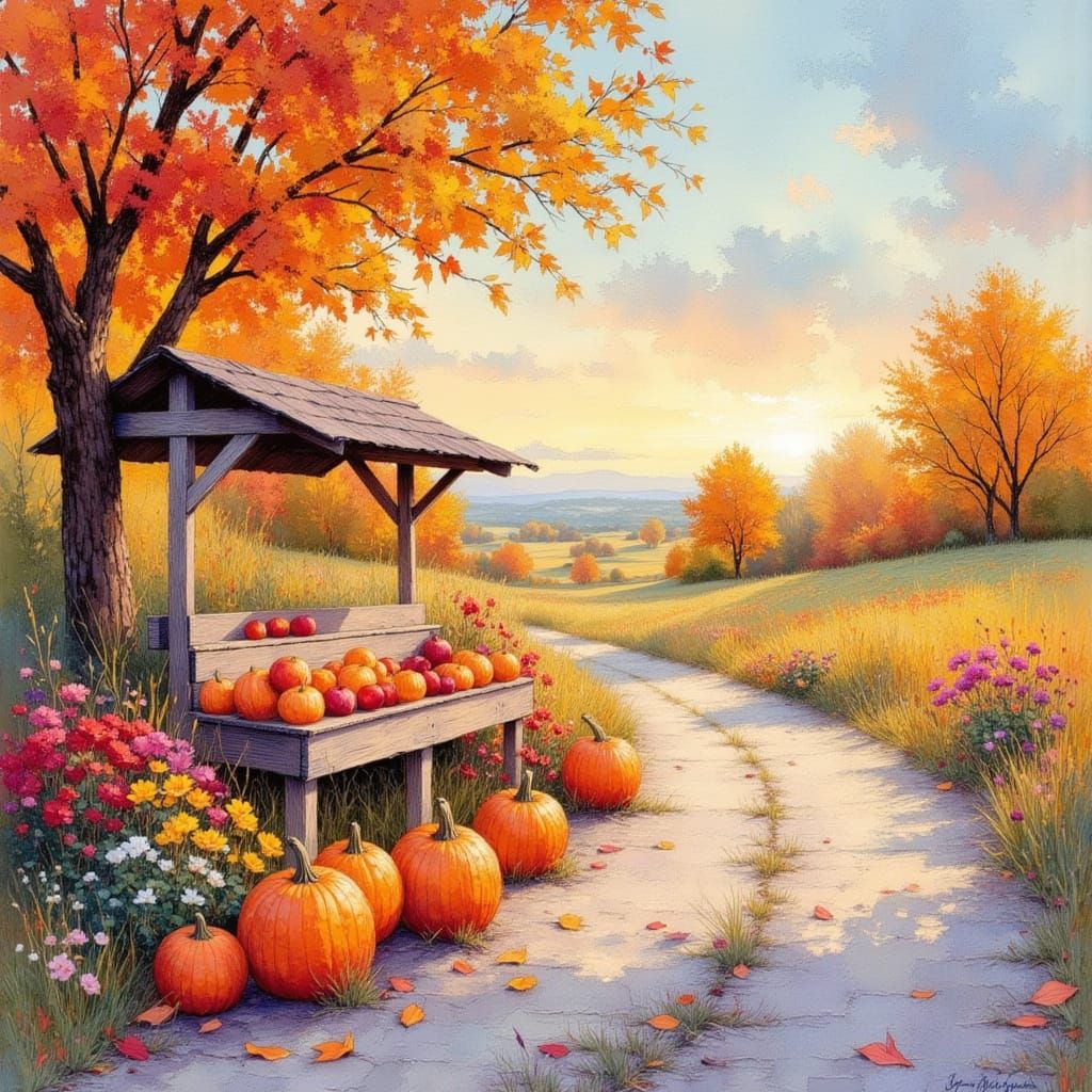 Autumn Fruit Stand in Whimsical Scratch Art Style