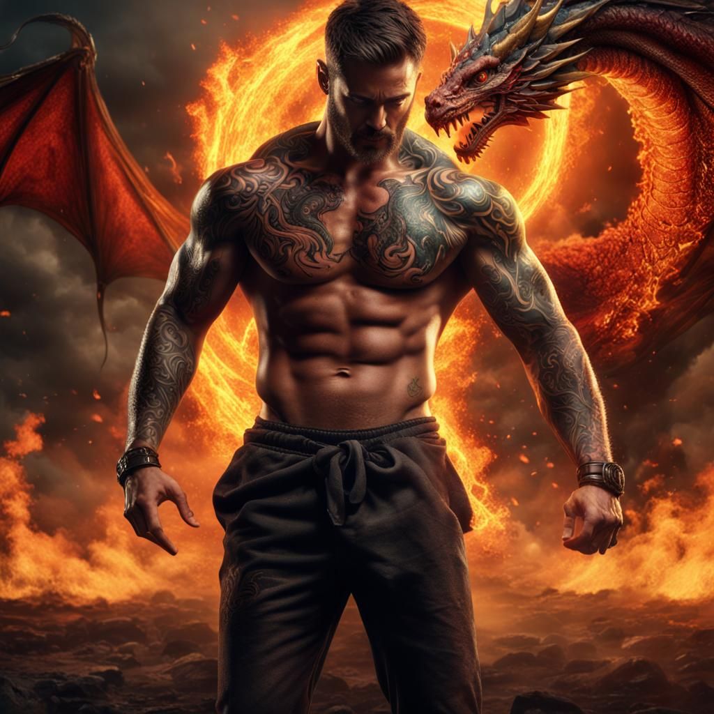 Fiery Dragon Tattoo on Bare-Chested Man