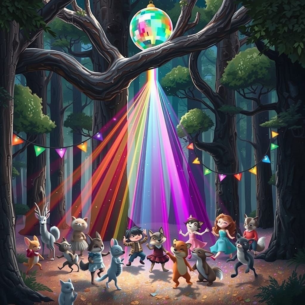 Whimsical Forest Disco Scene in Vibrant Digital Art