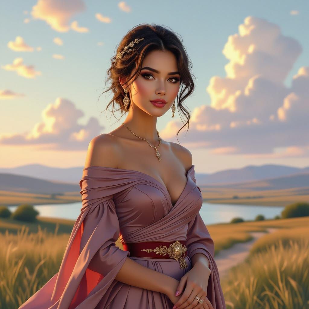 Elegant Woman in Serene Landscape: Digital Art