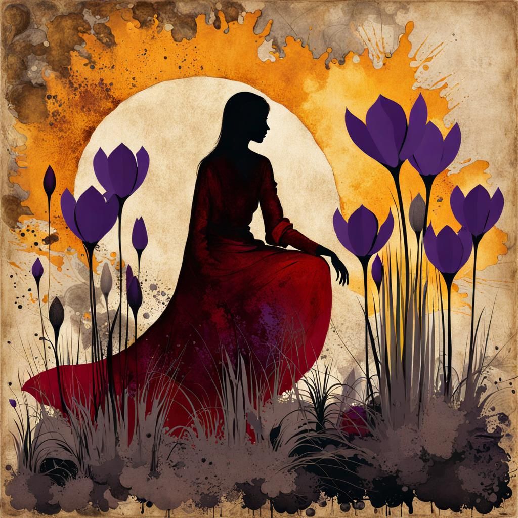 Surreal Grattage Poster Art of Maiden and Crocuses