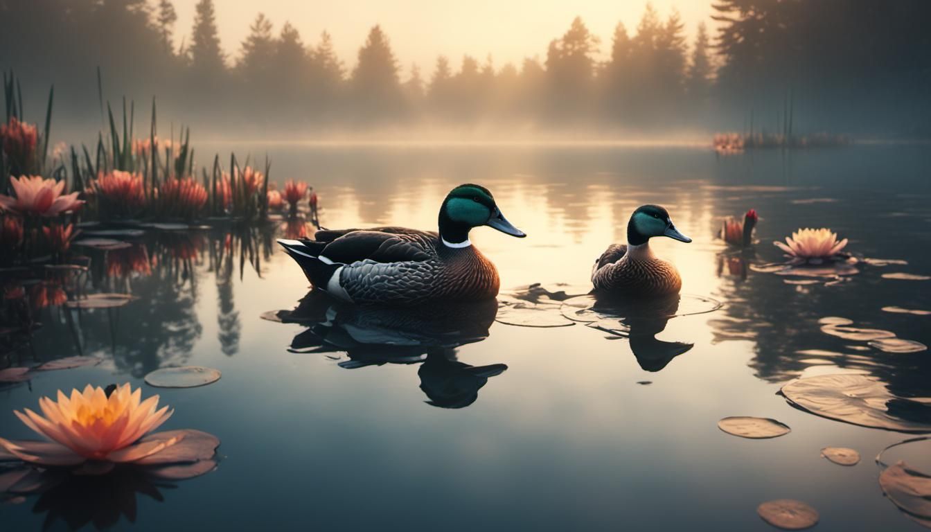 Two Ducks on Misty Lake Dock at Sunrise