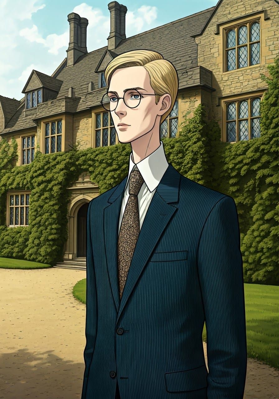 Elegant Gentleman Stands Before Faded Elizabethan Manor