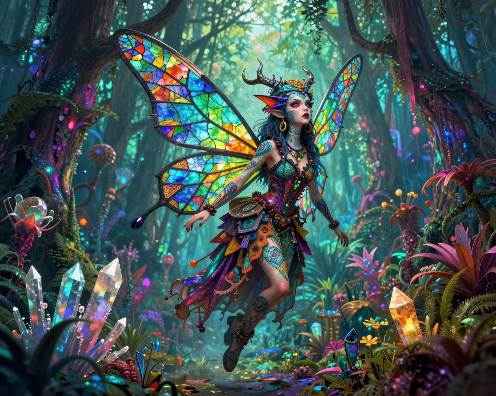 Whimsical Faerie in Bioluminescent Forest